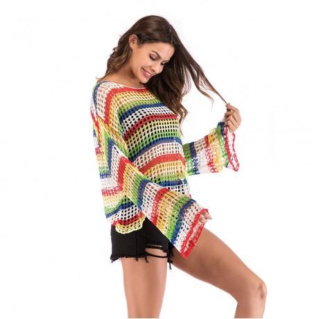  Women Oversized Blouse Colorful Trumpet Long Sleeve Hollow Shirt