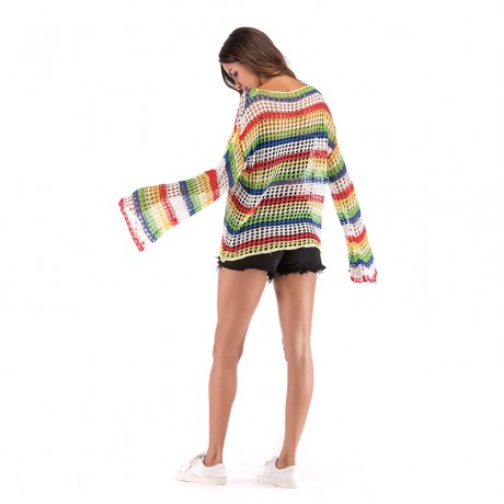  Women Oversized Blouse Colorful Trumpet Long Sleeve Hollow Shirt