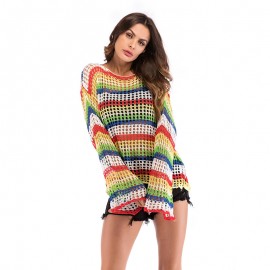  Women Oversized Blouse Colorful Trumpet Long Sleeve Hollow Shirt 