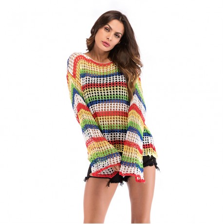  Women Oversized Blouse Colorful Trumpet Long Sleeve Hollow Shirt
