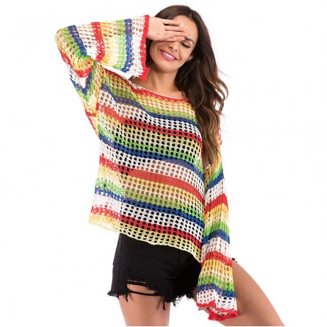  Women Oversized Blouse Colorful Trumpet Long Sleeve Hollow Shirt