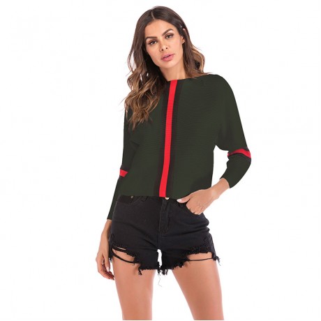 Women's Casual Boat Neck Sweater Long Sleeve Contrast Striped Sweater Pullover Sweatshirt
