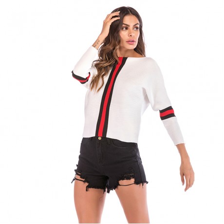 Women's Casual Boat Neck Sweater Long Sleeve Contrast Striped Sweater Pullover Sweatshirt
