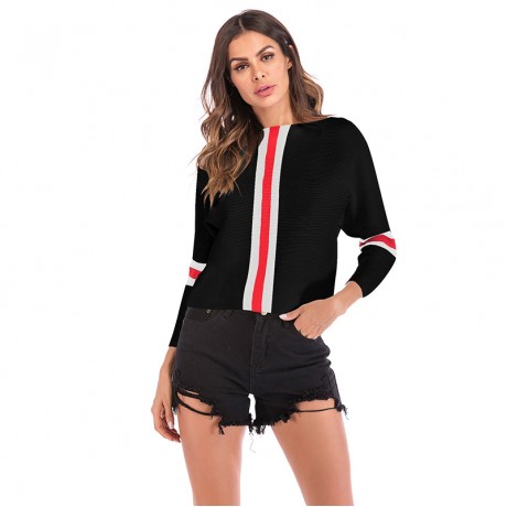 Women's Casual Boat Neck Sweater Long Sleeve Contrast Striped Sweater Pullover Sweatshirt