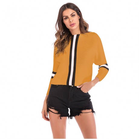 Women's Casual Boat Neck Sweater Long Sleeve Contrast Striped Sweater Pullover Sweatshirt