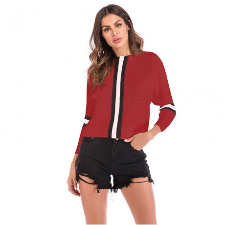 Women's Casual Boat Neck Sweater Long Sleeve Contrast Striped Sweater Pullover Sweatshirt