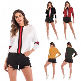 Women's Casual Boat Neck Sweater Long Sleeve Contrast Striped Sweater Pullover Sweatshirt 