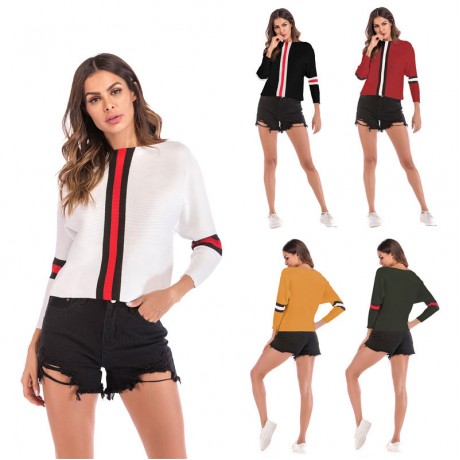 Women's Casual Boat Neck Sweater Long Sleeve Contrast Striped Sweater Pullover Sweatshirt