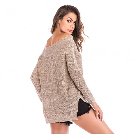  Fashion Womens off the Shoulder Sweatshirts Oversized V-Neck Khaki Sweater