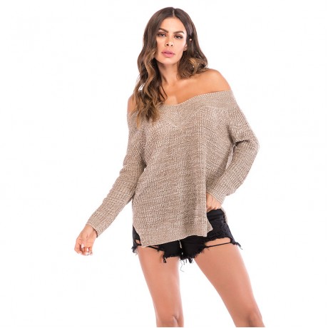  Fashion Womens off the Shoulder Sweatshirts Oversized V-Neck Khaki Sweater