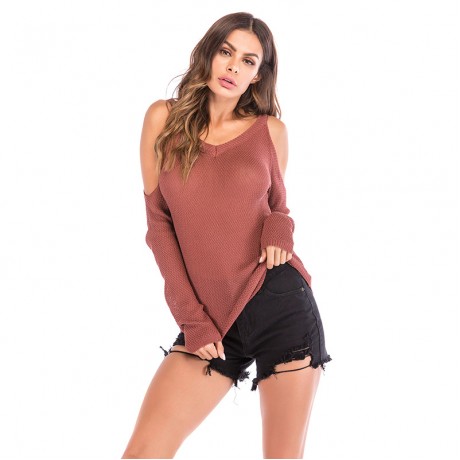 Long Sleeve Sweatshirts Cold Shoulder V-Neck Knit Cable Pullover Sweater Tops for Women