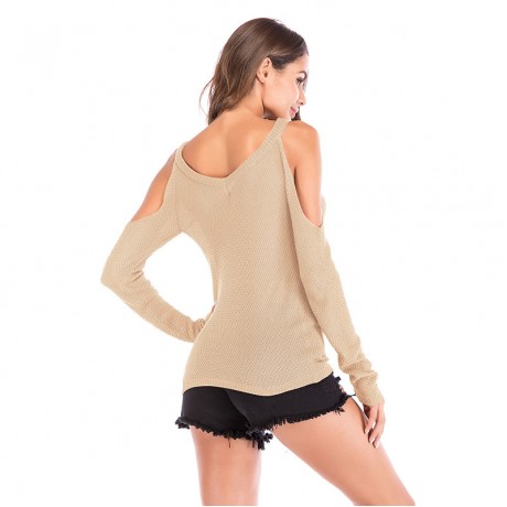 Long Sleeve Sweatshirts Cold Shoulder V-Neck Knit Cable Pullover Sweater Tops for Women