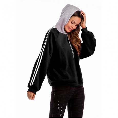  Women Girls Hoodie Long Sleeve Sweater Stitching Striped Hoodie Sweatshirts Jumper Pullover Top