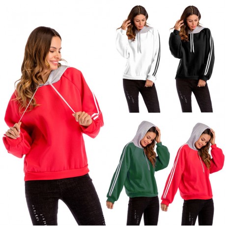  Women Girls Hoodie Long Sleeve Sweater Stitching Striped Hoodie Sweatshirts Jumper Pullover Top