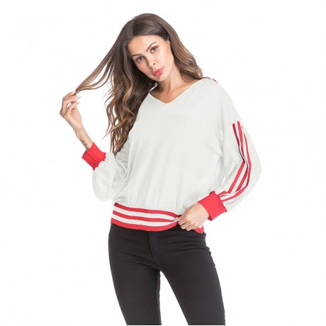 Women Hoodie Long Sleeve Sweater Striped Hooded V-Neck Sweater Openwork Casual Knit Sweatshirt Pullover