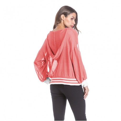 Women Hoodie Long Sleeve Sweater Striped Hooded V-Neck Sweater Openwork Casual Knit Sweatshirt Pullover