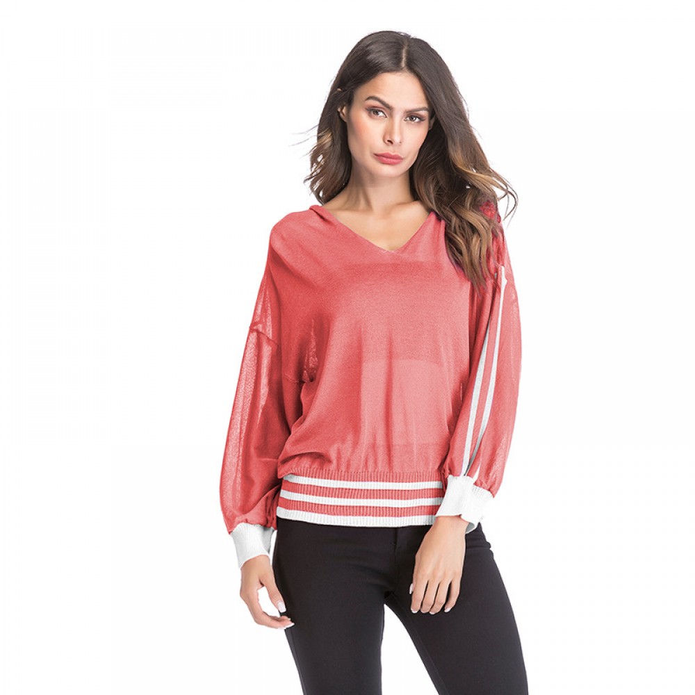 Women Hoodie Long Sleeve Sweater Striped Hooded V-Neck Sweater Openwork Casual Knit Sweatshirt Pullover
