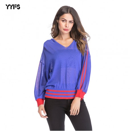 Women Hoodie Long Sleeve Sweater Striped Hooded V-Neck Sweater Openwork Casual Knit Sweatshirt Pullover