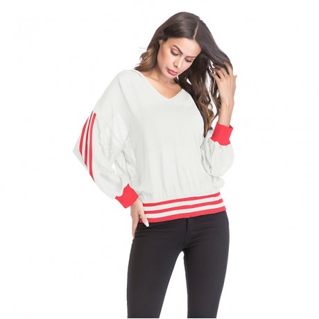 Women Hoodie Long Sleeve Sweater Striped Hooded V-Neck Sweater Openwork Casual Knit Sweatshirt Pullover