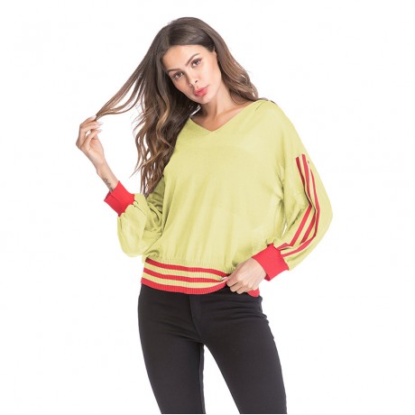 Women Hoodie Long Sleeve Sweater Striped Hooded V-Neck Sweater Openwork Casual Knit Sweatshirt Pullover