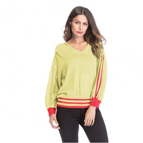 Women Hoodie Long Sleeve Sweater Striped Hooded V-Neck Sweater Openwork Casual Knit Sweatshirt Pullover