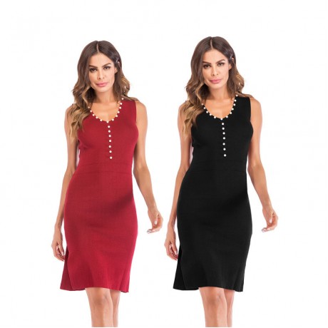 Fashion Dresses Solid Color Pencil Skirt V-Neck Sleeveless with Rinestone Pencil Skirt for Women