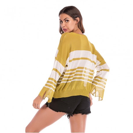  Women's Pullover Split Long Sleeve Sweater Hooded V-Neck Sweater Openwork Casual Loose Sweater