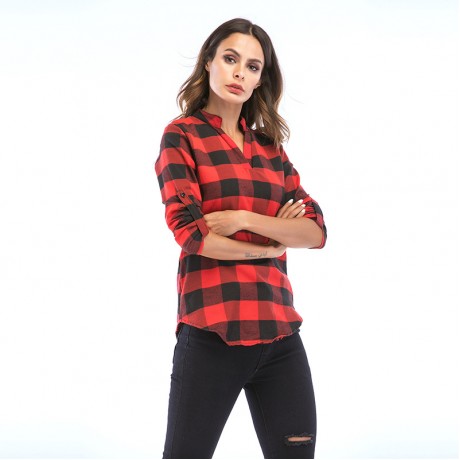 Women's Plaid Slim Shirt Long Sleeve Blouse V Neckline Shirt Front Tops for Women
