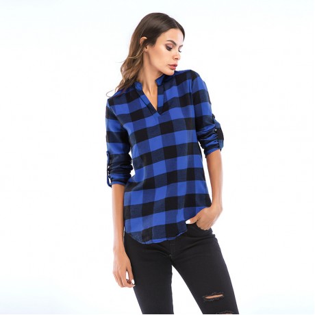 Women's Plaid Slim Shirt Long Sleeve Blouse V Neckline Shirt Front Tops for Women