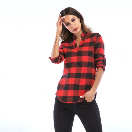 Women's Plaid Slim Shirt Long Sleeve Blouse V Neckline Shirt Front Tops for Women
