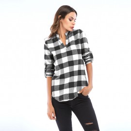 Women's Plaid Slim Shirt Long Sleeve Blouse V Neckline Shirt Front Tops for Women 