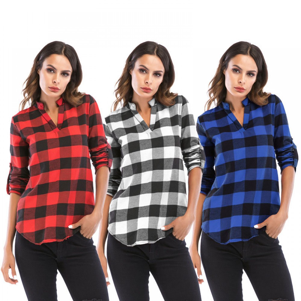 Women's Plaid Slim Shirt Long Sleeve Blouse V Neckline Shirt Front Tops for Women