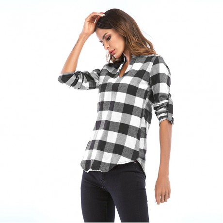 Women's Plaid Slim Shirt Long Sleeve Blouse V Neckline Shirt Front Tops for Women