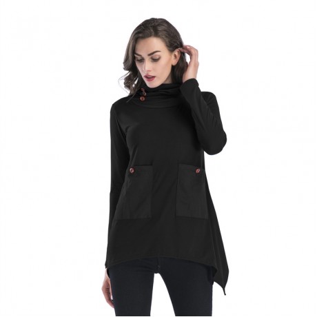 Women Casual Solid T-Shirt Long Sleeve Tunic Tops Stand Neck with Pockets