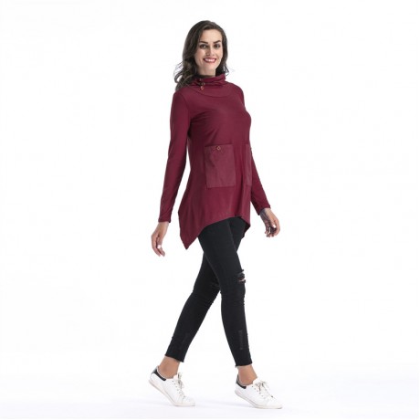 Women Casual Solid T-Shirt Long Sleeve Tunic Tops Stand Neck with Pockets