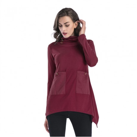 Women Casual Solid T-Shirt Long Sleeve Tunic Tops Stand Neck with Pockets