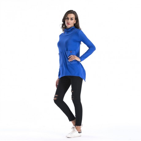 Women Casual Solid T-Shirt Long Sleeve Tunic Tops Stand Neck with Pockets