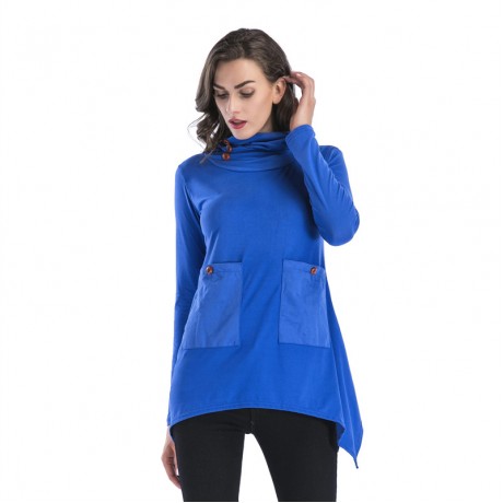 Women Casual Solid T-Shirt Long Sleeve Tunic Tops Stand Neck with Pockets