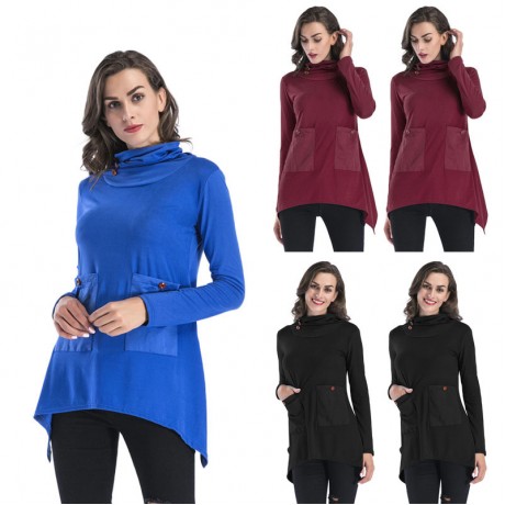 Women Casual Solid T-Shirt Long Sleeve Tunic Tops Stand Neck with Pockets