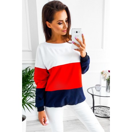  Ladies Color Contrast Sweater Casual Long Sleeve Sweatshirt Pullover Tops Blouse with Belt