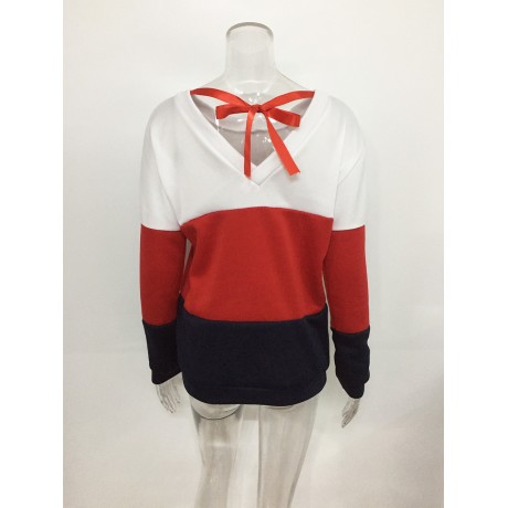  Ladies Color Contrast Sweater Casual Long Sleeve Sweatshirt Pullover Tops Blouse with Belt