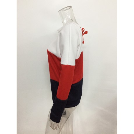  Ladies Color Contrast Sweater Casual Long Sleeve Sweatshirt Pullover Tops Blouse with Belt