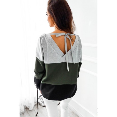  Ladies Color Contrast Sweater Casual Long Sleeve Sweatshirt Pullover Tops Blouse with Belt
