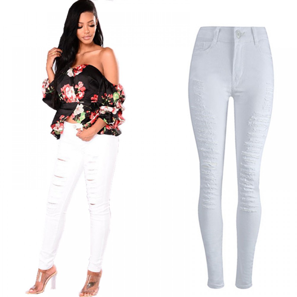  Women Skinny Denim Ripped Jeans Pants High Waist Stretch Slim Pencil Trousers