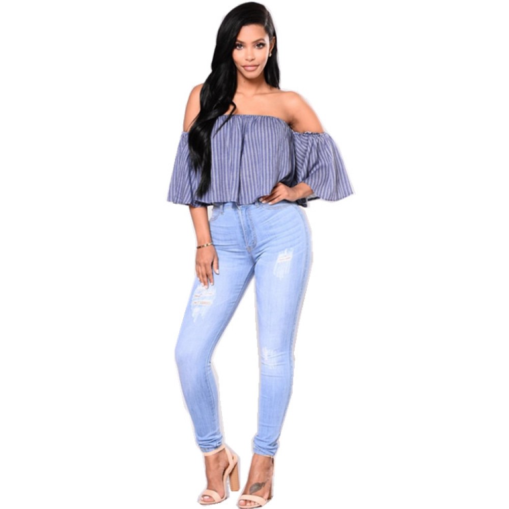  Women Slim Trousers Casual Denim Ripped Long Pants High Waist Jeans