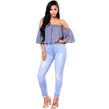  Women Slim Trousers Casual Denim Ripped Long Pants High Waist Jeans