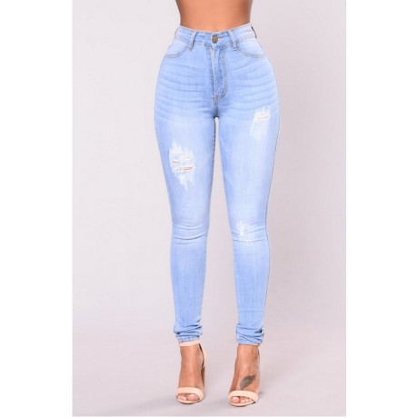  Women Slim Trousers Casual Denim Ripped Long Pants High Waist Jeans