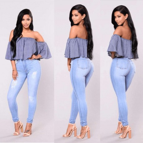  Women Slim Trousers Casual Denim Ripped Long Pants High Waist Jeans