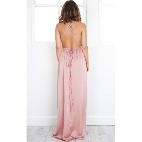  Women's Backless Solid Color Dress Sexy Split Maxi Dress