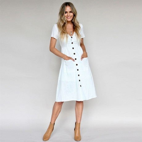 Women's Summer Short Sleeve Button Down V Neck with Pocket Swing Midi  Dress(S-XL)